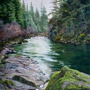 Mossy rock on the East Fork, Oil on Canvas by Tom Wheeler