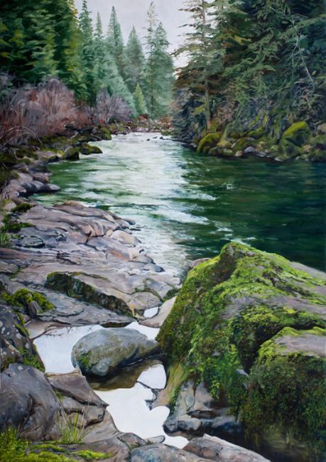 Mossy rock on the East Fork, Oil on Canvas by Tom Wheeler